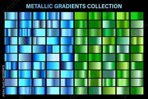 Green, blue glossy gradient, metal foil texture. Color swatch set. Collection of high quality vector gradients. Shiny metallic background. Design element.