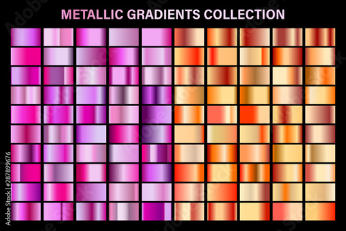 Pink and bronze, orange glossy gradient, metal foil texture. Color swatch set. Collection of high quality vector gradients. Shiny metallic background. Design element.