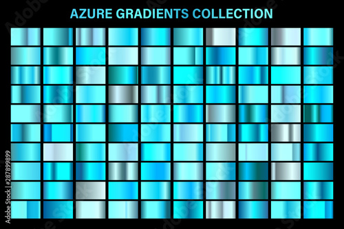 Blue, azure glossy gradient, metal foil texture. Color swatch set. Collection of high quality vector gradients. Shiny metallic background. Design element.