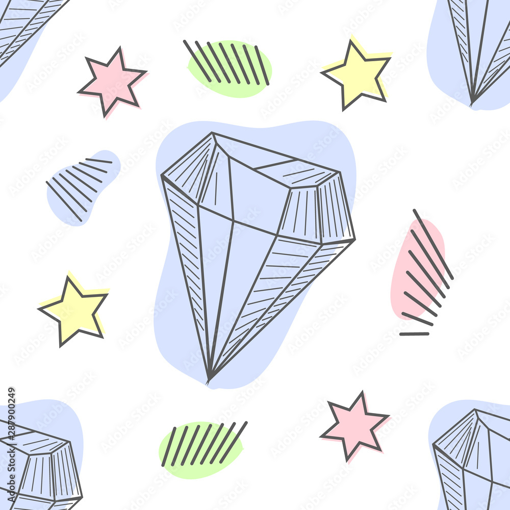 Cute 80s style art seamless pattern of colorful crystal mineral