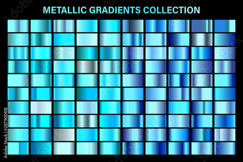 Blue, azure glossy gradient, metal foil texture. Color swatch set. Collection of high quality vector gradients. Shiny metallic background. Design element.