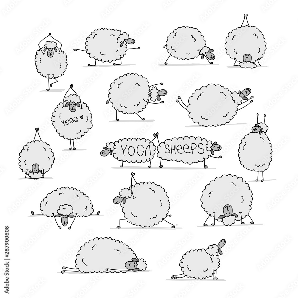 Fototapeta premium Funny sheep doing yoga, sketch for your design
