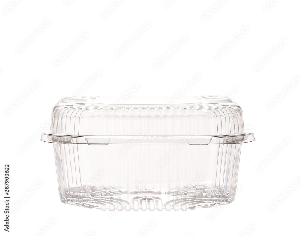 Empty transparent plastic storage box of food package isolated on