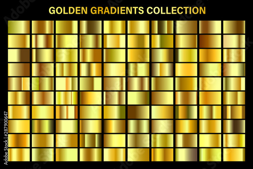 Golden, yellow glossy gradient, gold metal foil texture. Color swatch set. Collection of high quality vector gradients. Shiny metallic background. Design element.