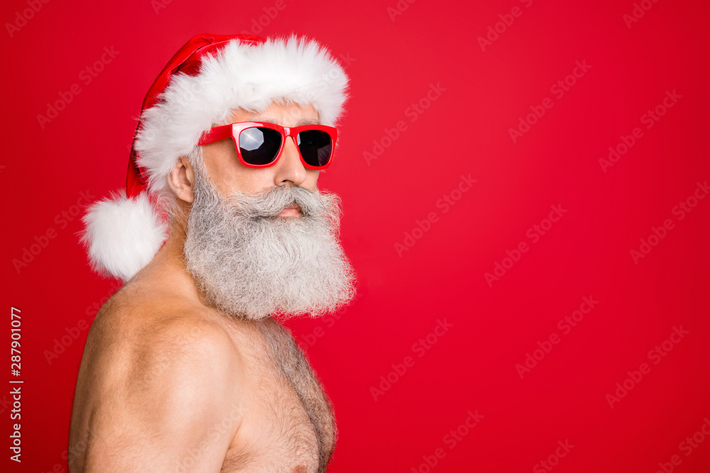 Close-up profile side view portrait of his he nice attractive handsome dreamy funky content peaceful calm gray-haired man festal look outfit winter isolated over bright vivid shine red background Close-up profile side view portrait of his he nice attractive handsome dreamy funky content peaceful calm gray-haired man festal look outfit winter isolated over bright vivid shine red background