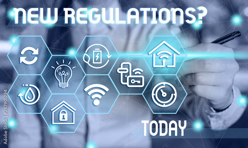 Text sign showing New Regulations Question. Business photo showcasing rules made government order control way something is done Female human wear formal work suit presenting presentation use smart Text sign showing New Regulations Question. Business photo showcasing rules made government order control way something is done Female human wear formal work suit presenting presentation use smart