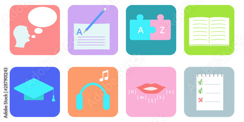 Speaking, writing, vocabulary, reading , grammar, listening, pronunciation, testing icons for showing different aspects of a foreign language. Vector illustration of language icons.