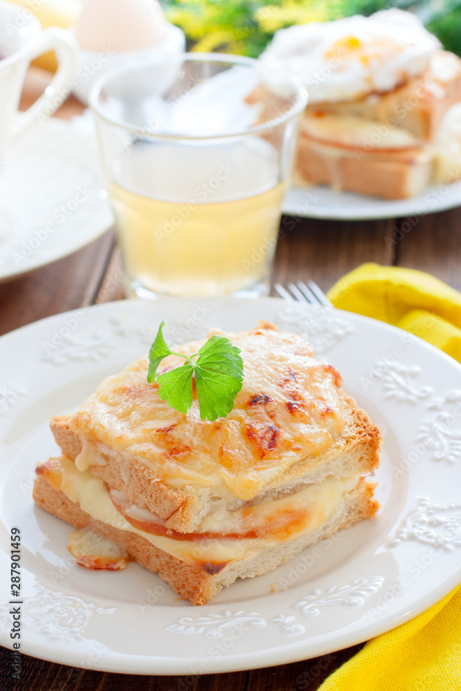 French sandwich with cheese and ham croque monsieur, selective focus