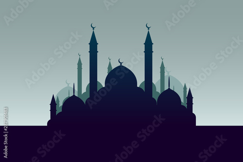 Arabic muslim city with mosque silhouette in Near and Far East for Islam. Holy festival eid background. Ramadan kareem greeting card. Vector illusrtation photo