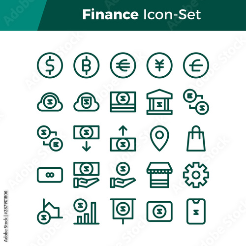 Simple Set of Finance and Technology Related Vector Line Icons. Contains such Icons as Money Changer, Dollar, Withdraw, Mobile Banking, and more. Editable Stroke. 32x32 Pixel Perfect.