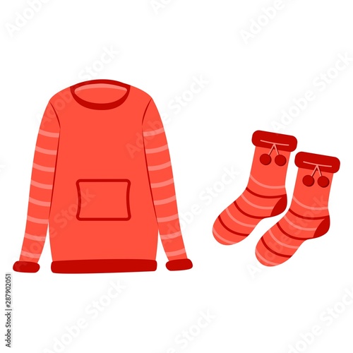 Red sweater and red socks. Warm clothes in the cold season. Set. Icon illustration. Sticker vector