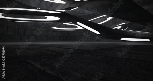 Empty dark abstract concrete room smooth interior. Architectural background. Night view of the illuminated. 3D illustration and rendering © SERGEYMANSUROV