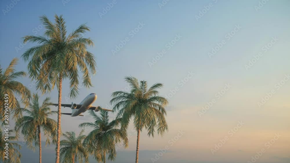 Airplane flying over palm trees. Sunset sky over tropical trees. Warm sky background with aircraft tourist travel. Airplane flies above tropical trees. Airplane flying over palm trees. Sunset sky over tropical trees. Warm sky background with aircraft tourist travel. Airplane flies above tropical trees.