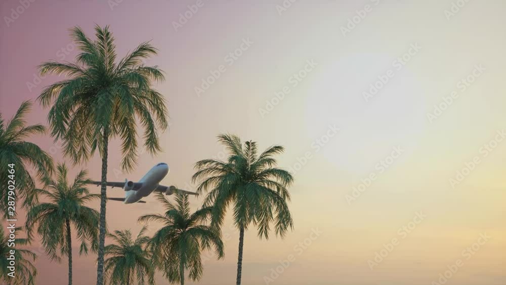 Airplane flying over palm trees. Sunset sky over tropical trees. Warm sky background with aircraft tourist travel. Airplane flies above tropical trees. Airplane flying over palm trees. Sunset sky over tropical trees. Warm sky background with aircraft tourist travel. Airplane flies above tropical trees.