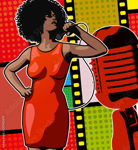 Woman soul singer. Afro hairstyle. Vector image. Jazz and blues music. Vintage poster