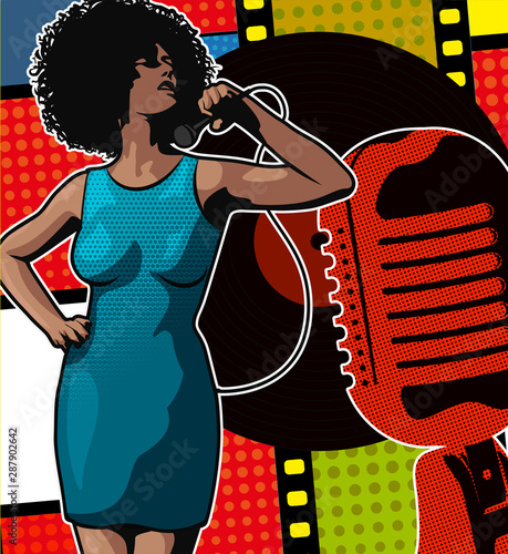 Woman soul singer. Afro hairstyle. Vector image. Jazz and blues music. Vintage poster