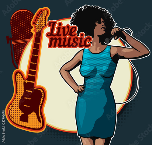 Woman soul singer. Afro hairstyle. Vector image. Jazz and blues music. Vintage poster