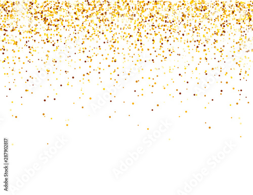 Sparkling Golden Glitter on White Vector Background. Falling Shiny Confetti with Gold Shards. Shining Light Effect for Christmas or New Year Greeting Card.