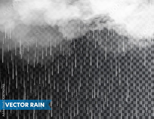 Realistic rain with clouds on transparent background. Rainfall, water drops effect. Autumn wet rainy day. Vector illustration.