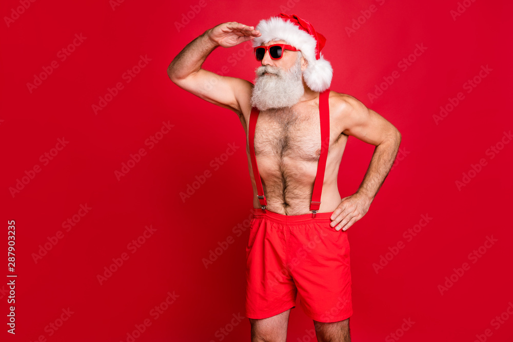Portrait of his he nice attractive content serious focused attentive gray-haired man St Saint Nicholas looking far away wintertime isolated over bright vivid shine red background Portrait of his he nice attractive content serious focused attentive gray-haired man St Saint Nicholas looking far away wintertime isolated over bright vivid shine red background