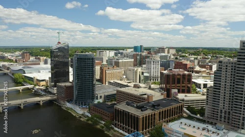 Aerial Descend to Reveal Grand River and Blue Bridge photo