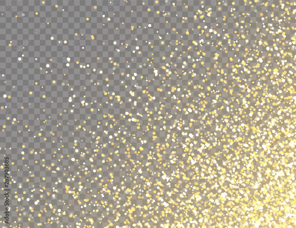 Sparkling Golden Glitter with Bokeh Lights on Transparent Vector Background. Falling Shiny Confetti with Gold Shards. Shining Light Effect for Christmas or New Year Greeting Card. Sparkling Golden Glitter with Bokeh Lights on Transparent Vector Background. Falling Shiny Confetti with Gold Shards. Shining Light Effect for Christmas or New Year Greeting Card.