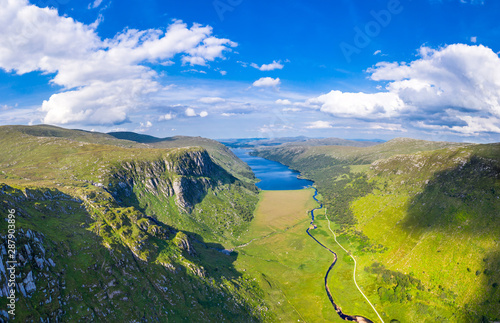 Aerial view of the Glenveagh National Park with castle Castle and Loch in the background - County Donegal, Ireland photo