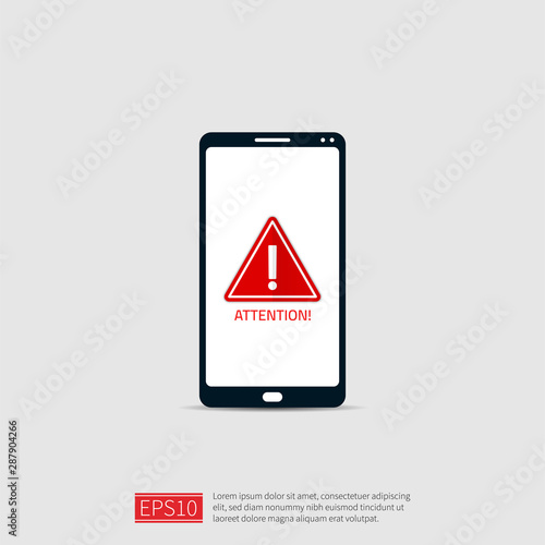 attention warning attacker alert sign with exclamation mark. beware alertness of internet danger symbol on phone screen. shield line icon for VPN. vector illustration