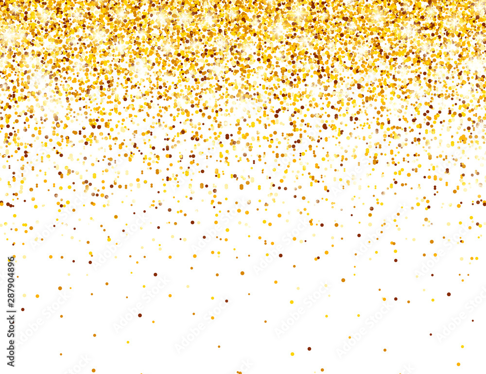 Sparkling Golden Glitter on White Vector Background. Falling Shiny Confetti with Gold Shards. Shining Light Effect for Christmas or New Year Greeting Card.