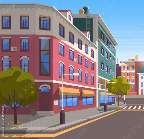 Town with buildings and empty street, 3d look of city road and houses. Bushes and trees, greenery cityscape. Skyline, crossroad with zebra. Cityscape with houses facades. Ubran landscape. Flat cartoon © robu_s