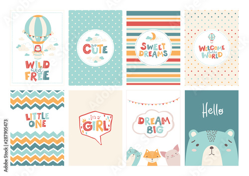 Vector set of cute greeting cards for baby in a simple Scandinavian style and pastel palette. Ideal for children's rooms