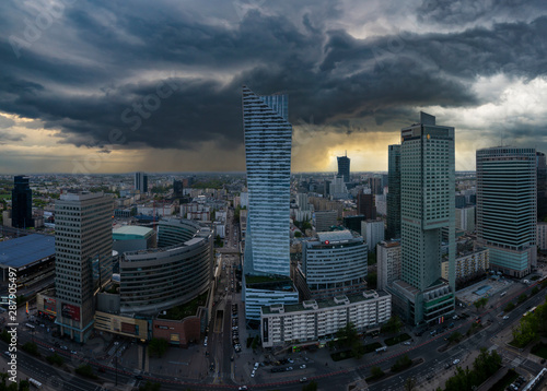 storm over the modern city center - Warsaw, Poland