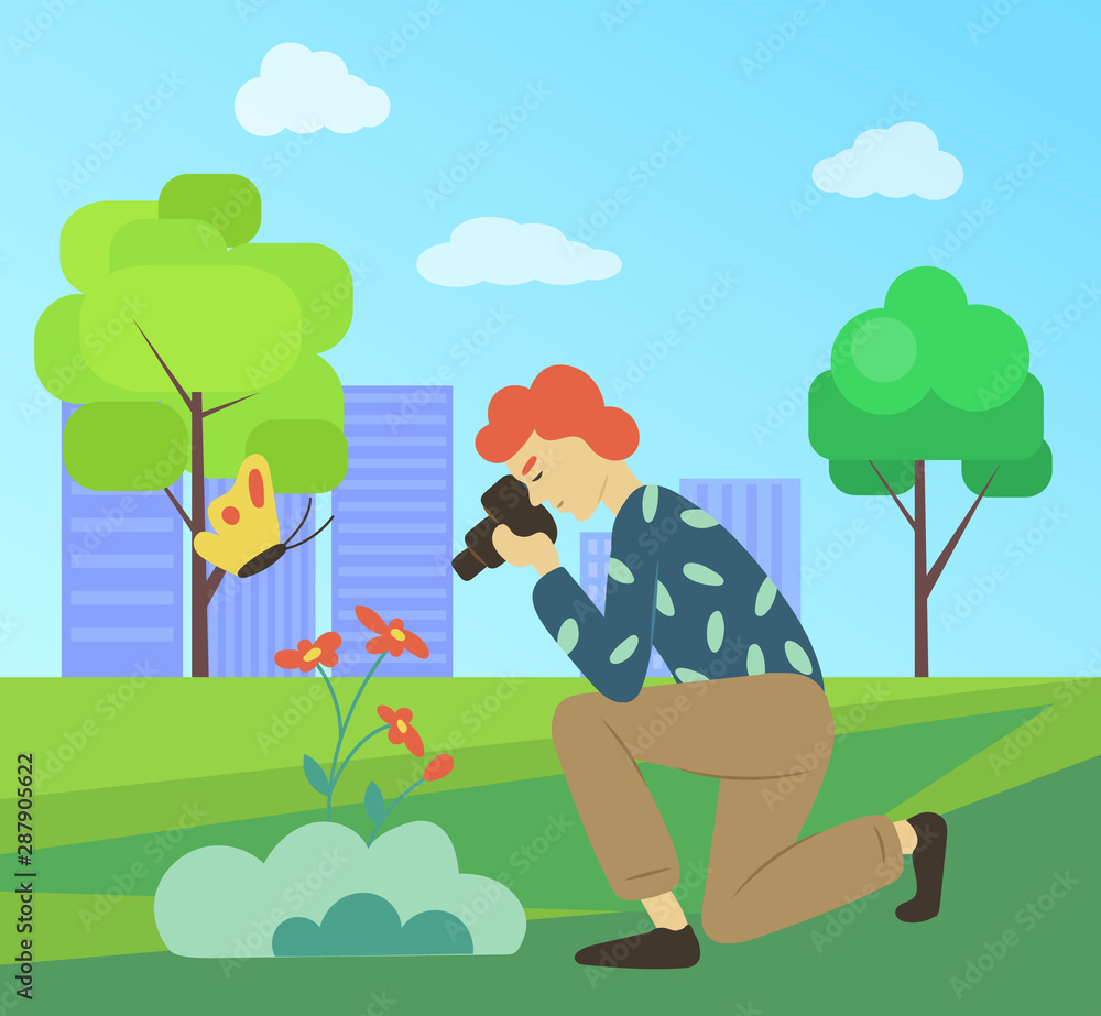 Person taking photo with camera vector, character on nature city park, outside leisure. Man looking on flowers and butterflies through lens hobby of people. Flat cartoon