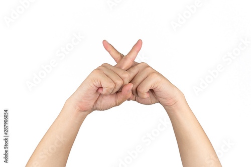 Asian Thai males raises up his arms hands hand finger and isolated post cross together on the white background. photo