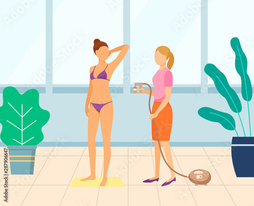 Cosmetologist using aerograph and spraying fake tan on young female wearing purple bikini in beauty salon. Woman tanning, airbrush machine vector. Flat cartoon
