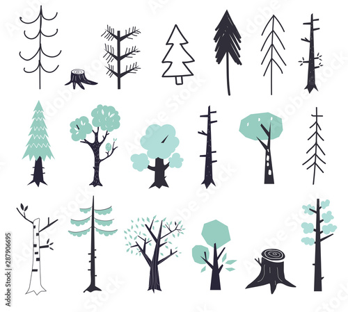 Vector set of children s drawings - cute forest and plants. Doodle style. Ideal for childs decoration. Flat green trees. photo