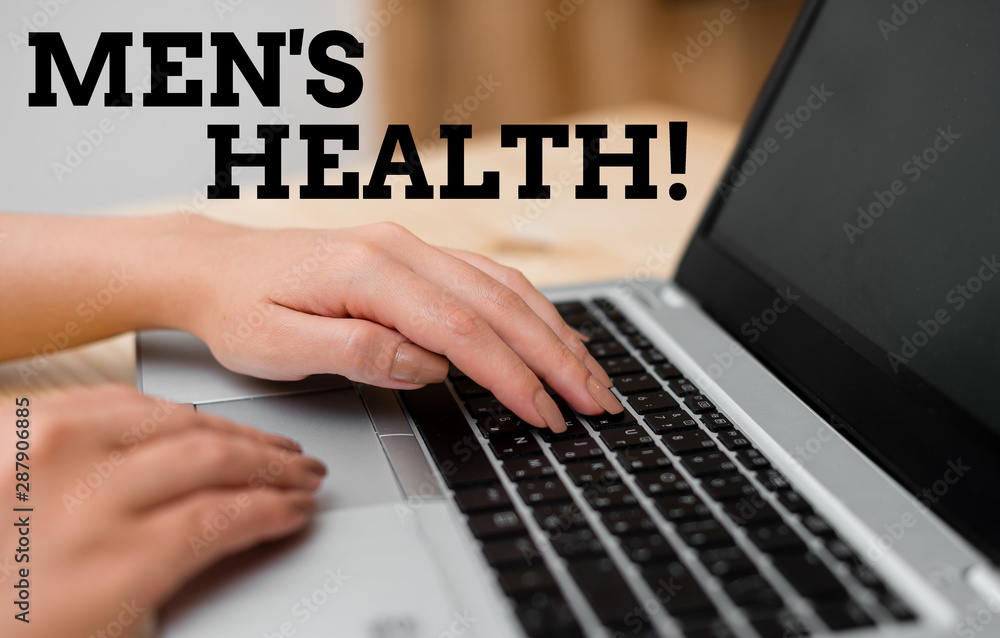 Text sign showing Men S Health. Business photo text state of complete physical mental and social well being by analysis woman laptop computer smartphone mug office supplies technological devices Text sign showing Men S Health. Business photo text state of complete physical mental and social well being by analysis woman laptop computer smartphone mug office supplies technological devices