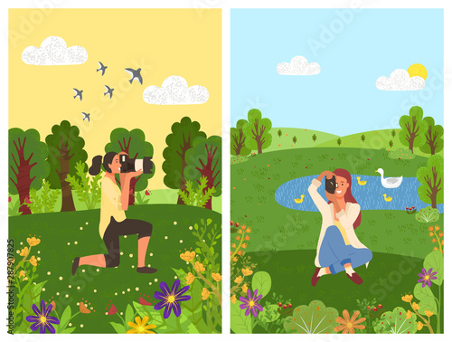 Landscape with pond and swans, forest and woman photographer making shoots on nature. Vector scenic landscape and tourists shooting flowers, summertime. Flat cartoon