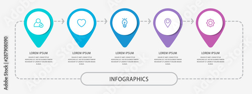 Vector modern infographic flat template pin for five paper label, diagram, graph, presentation. Business concept with 5 options and marks. Blank space for content, step for step, timeline, workflow