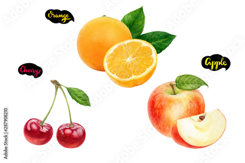 Fototapeta Naklejka Na Ścianę i Meble -  Apple orange cherry set fruit watercolor isolated on white background