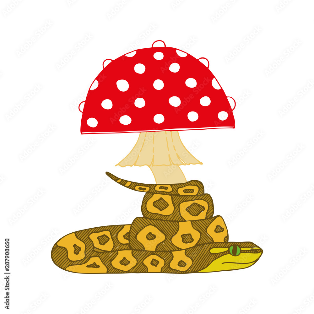 Isolated doodle fly agaric with a snake. Isolated doodle fly agaric with a snake.