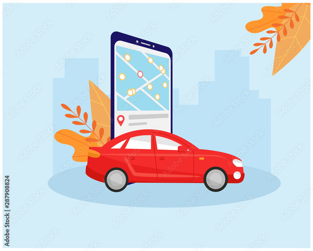 Naklejka premium Autumn car sharing concept. The red car drives out of the smartphone. On the phone screen, a vehicle rental application with a map and parking marks. Vector illustration