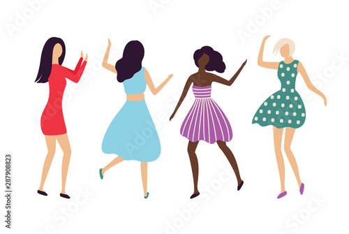 Women dancing, full length view of girls in dress, flat design style of female characters, hen-party or crowd of people on dance floor or concert vector. Flat cartoon