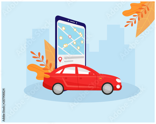 Autumn car sharing concept. The red car drives out of the smartphone. On the phone screen, a vehicle rental application with a map and parking marks. Vector illustration