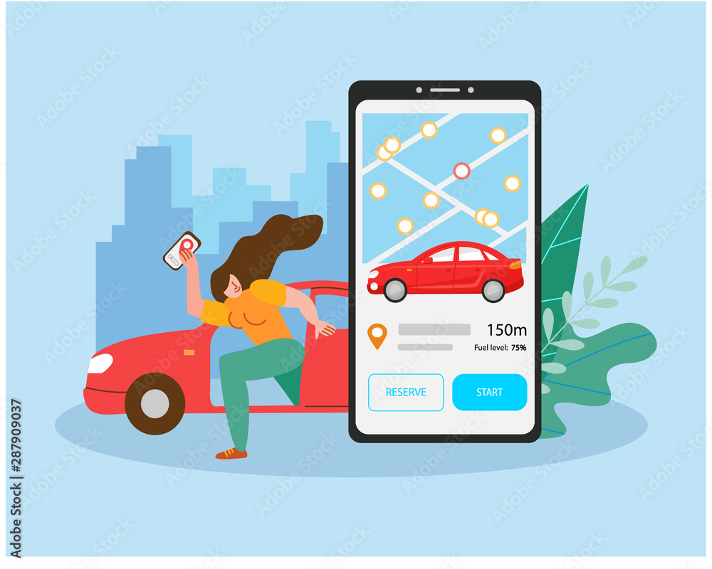 Mobile city transportation concept. Online car sharing. female