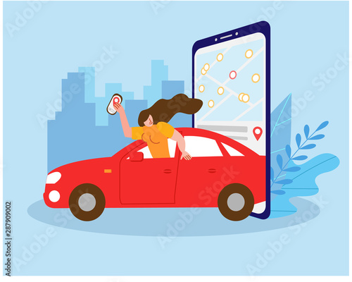 Young girl enjoys car sharing service. Mobile city transportation vector illustration concept. Can use for template, ui, web, mobile app, poster, banner, flyer