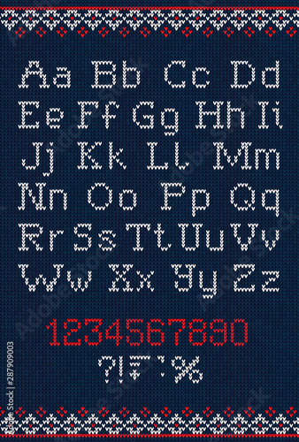 Handmade knitted abstract background pattern with alphabet, uppe