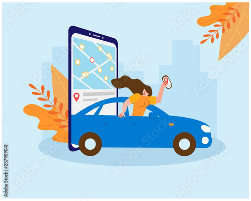 Carsharing. Woman rides in a car escapes from the cold weather of autumn. On the smartphone screen, a map of the choice of the nearest parking lot is open. Vector illustration