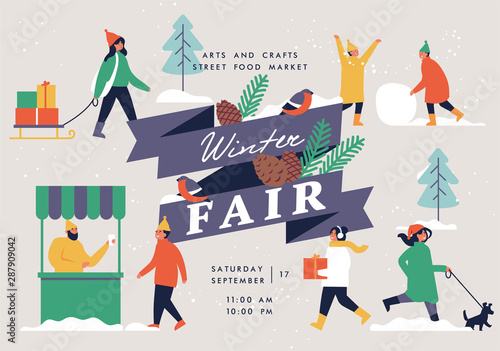Vector winter fair poster, flyer or banner or banner template with people enjoying their time outdoors in park. Christmas holiday season recreation and public event.