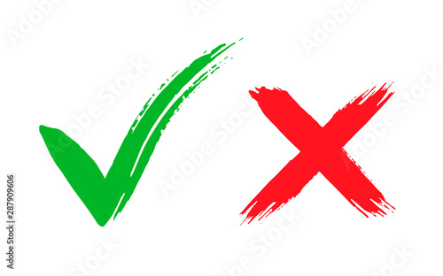 Tick and cross brush signs. Green checkmark OK and red X icons, isolated on white background. Symbols YES and NO button for vote, decision, web.